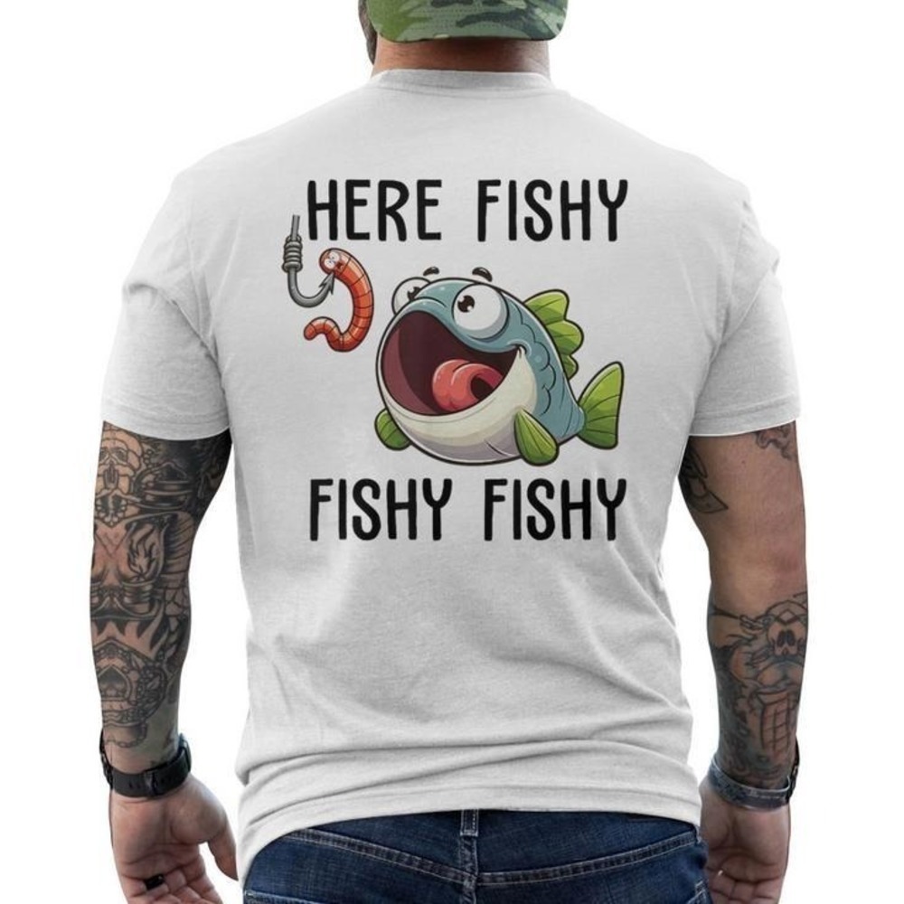 Here Fishy Fisherman Fishing Lover Cute Fish Worm Mens Tshirt Back